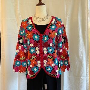 Chico's Multicolor Cotton / Linen Crochet Button Front Cardigan
